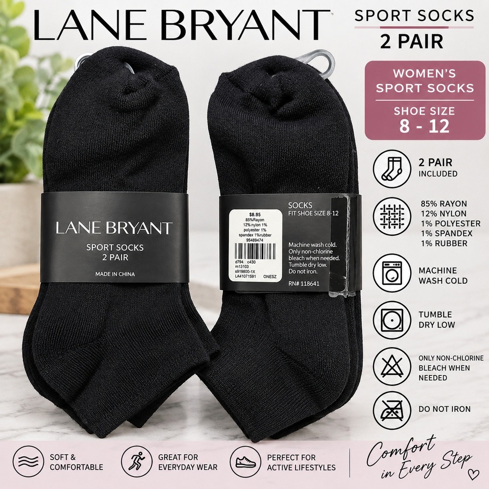 Lane Bryant Sport Socks 2 Pair Pack Black Women Shoe Size 8-12 LA41071591